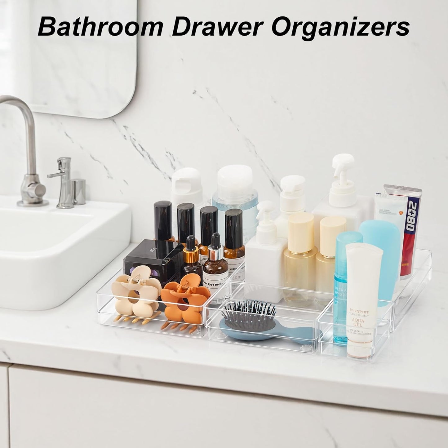 7-Piece Drawer Organizer with Non-Slip Silicone Pads, 4-Size Desk Drawer Organizer Trays Storage Tray for Makeup, Jewelries, Utensils in Bedroom Dresser, Office and Kitchen (Clear)