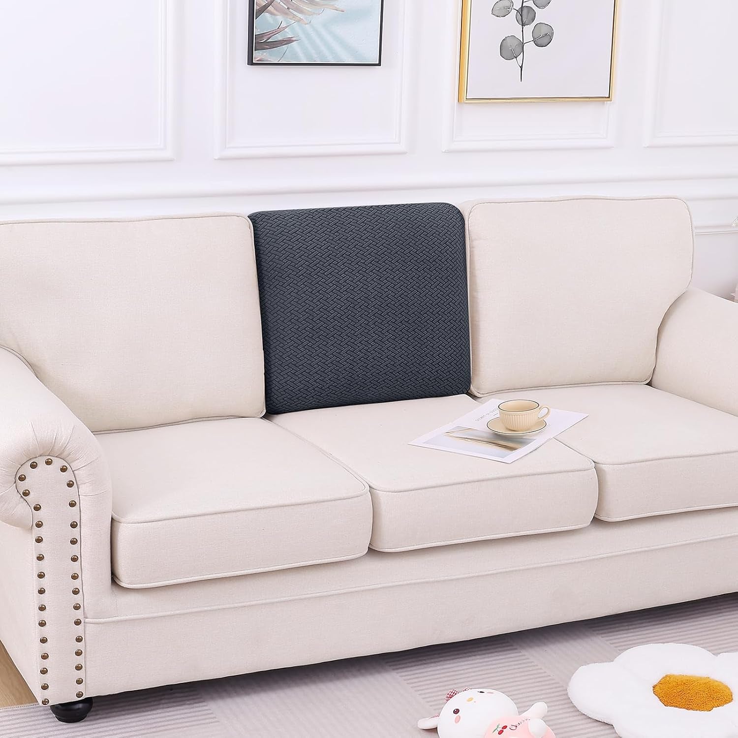 Waterproof Couch Cushion Covers, Stretch Jacquard Thick Sofa Cushion Covers, Washable Seat Slipcover Elastic Furniture Protector for Pets, Kid (Back Cover M, Dark Grey)