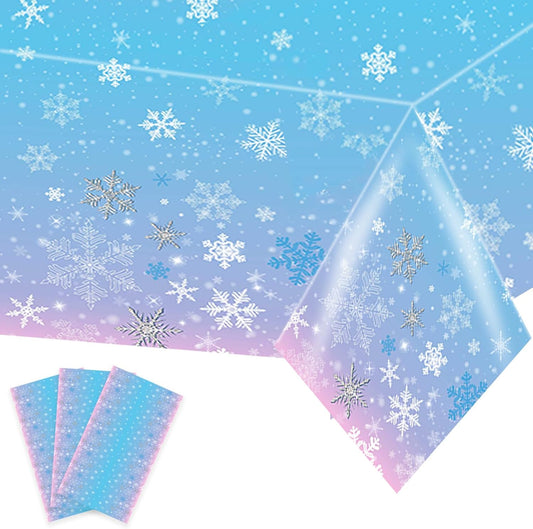 3 Packs Christmas Snowflake Tablecloth 51 X 87 Inch Winter Frozen Wonderland Table Cover Disposable White Snowflake Plastic Table Cloth Blue and Pink Snowflake Tablecloths for Christmas Party
