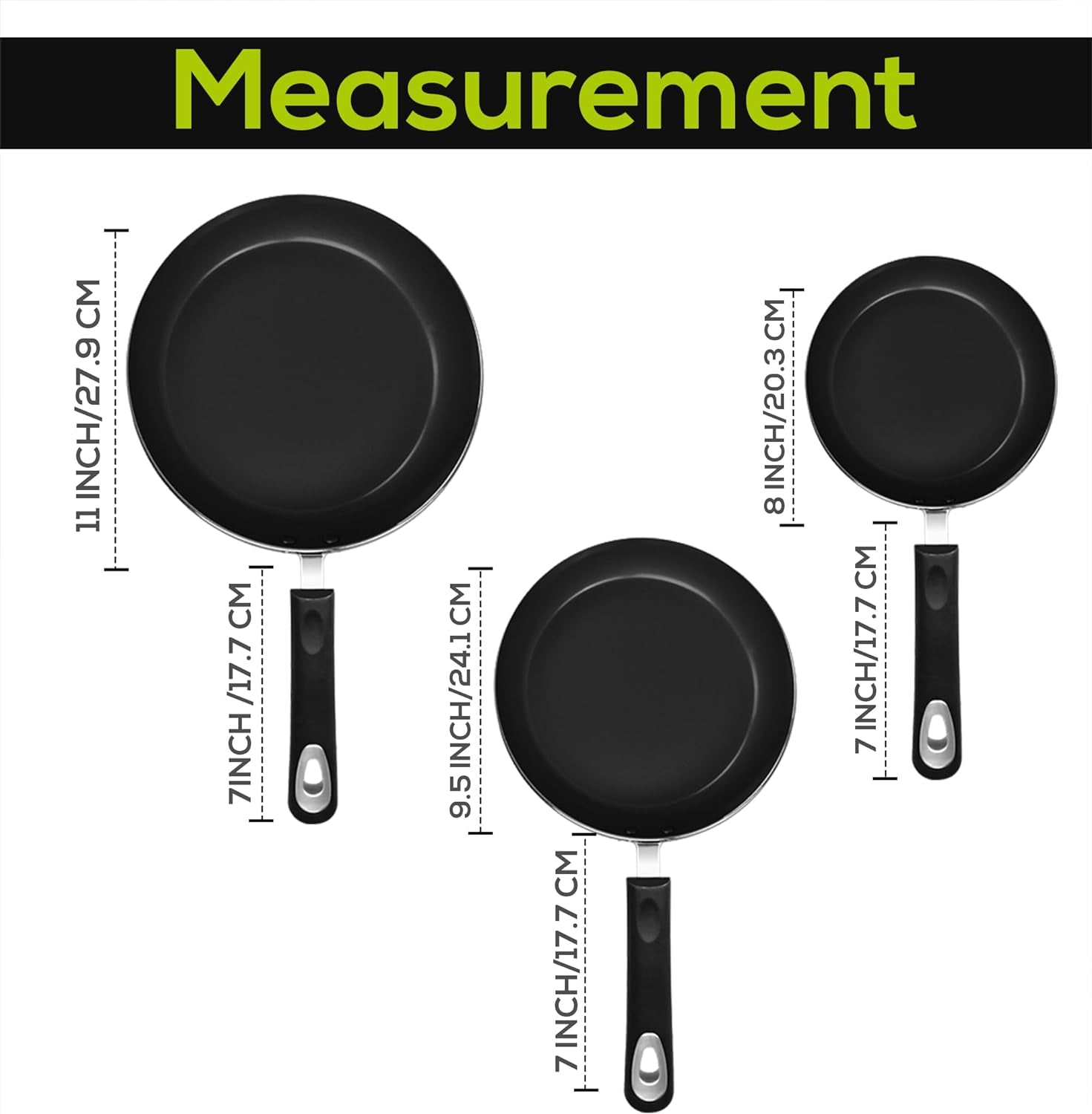 Nonstick Cookware 3 Piece Omelette Pan Skillet Set, Nonstick Frying Pans with Induction Bottom, 8, 9.5 & 11 Inches Frying Pans with Bakelite Handles, PFOA Free, Grey