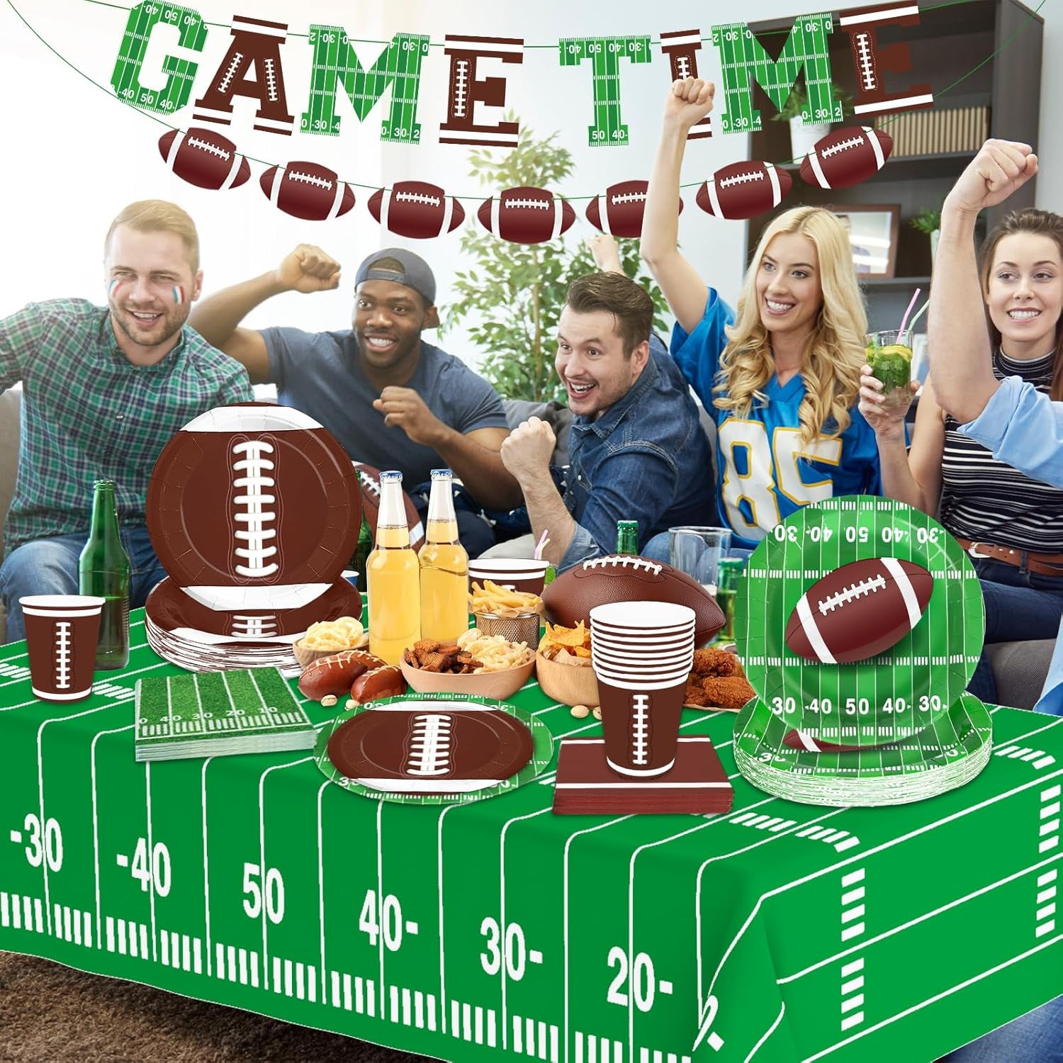 Football Party Supplies Football Themed Party Decorations Including Plates, Napkins, Cups, Banner and Tablecloth for Football Birthday Party Decorations, 24 Guests