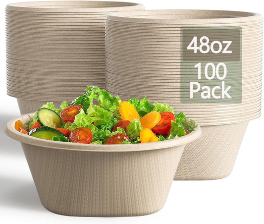 48 Oz Natural Disposable Paper Bowls [100 Pack] - Heavy Duty, Eco-Friendly Compostable Salad Bowls for Organic Food, Farm to Table, Salad, Bpa-Free, Microwave Safe (Unbleached)