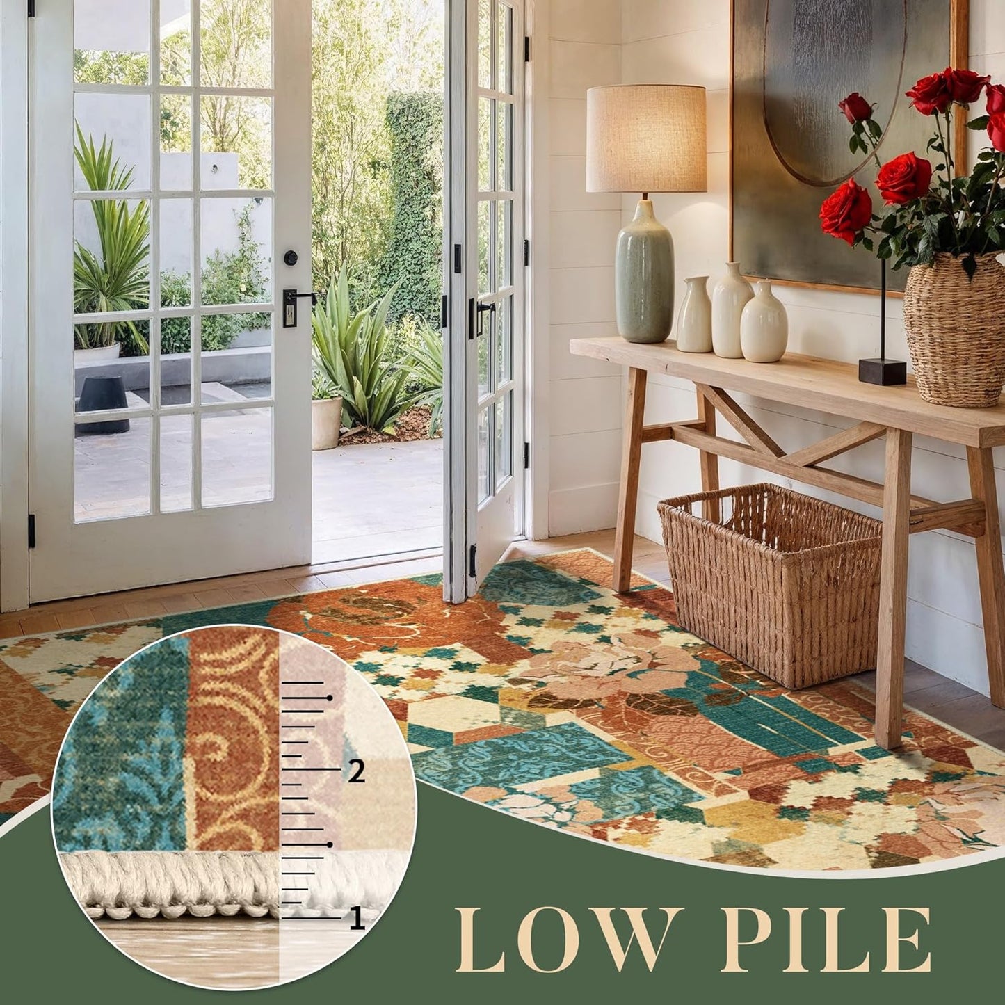 Area Rug 2X3 Doormat, Machine Washable Low Pile Rugs, Small Floral Patchwork Retro Chenille Entryway Mat for Entrance, Hallway, Kitchen and Corridor, Rose Red