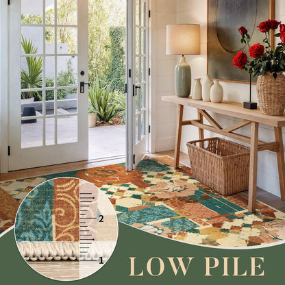 Area Rug 2X3 Doormat, Machine Washable Low Pile Rugs, Small Floral Patchwork Retro Chenille Entryway Mat for Entrance, Hallway, Kitchen and Corridor, Rose Red