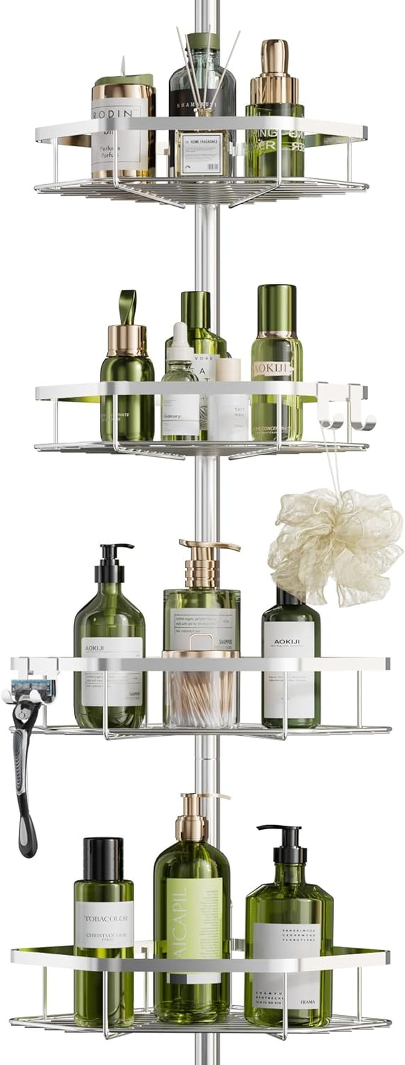 Corner Shower Caddy Tension Pole, Stainless Steel Shower Organizer, Strong Spring, 4 Adhesive Pads, 2.4" Non-Slip Grid Base, Adjustable 4-Tier Basket, 4 Hooks, Fits Heights 37.8-124", Silver