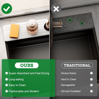 Faucet Mat Kitchen Sink 23.6" Long Diatomite Water Absorbing Stone Quick Drying Tray Sink Splash Guard for Bathroom Kitchen Counter Vanity Sink Organizer, Stone Drying Mat for Kitchen Counte