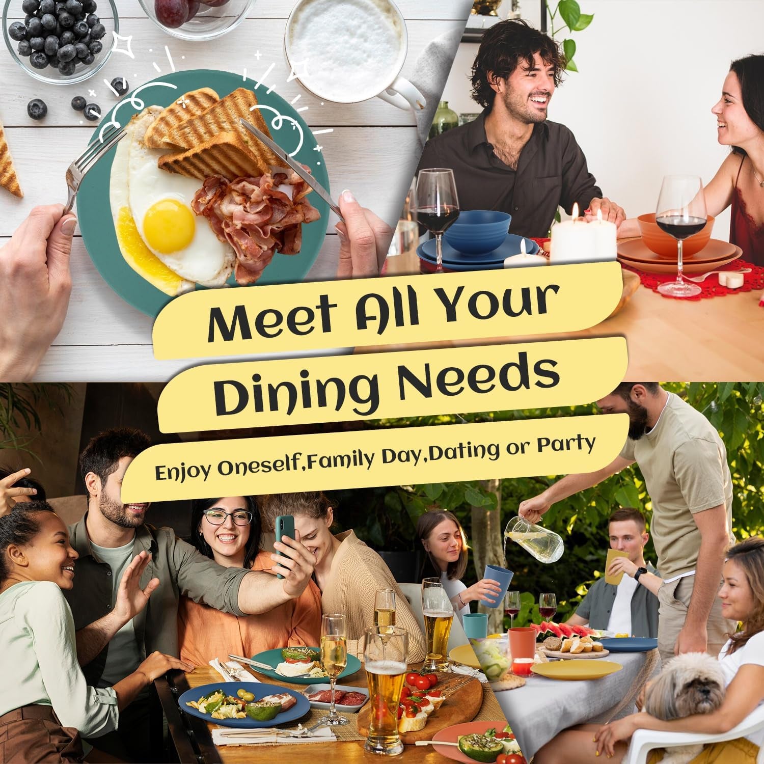 40-Piece Durable Plastic Wheat Straw Dinnerware Set - Multi-Color, Service for 8 with Plates, Bowls, Cups, and Appetizer Plates - Ideal for Outdoor Camping