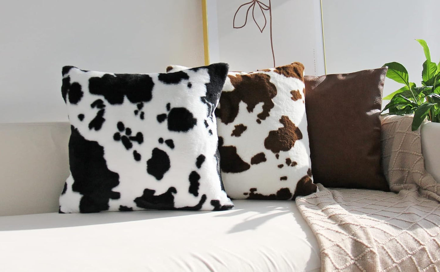Cowhide Throw Pillow Covers Farmhouse Animal Skin Soft Cozy Fleece Flurry Cushion Case Cow Pattern Faux Fur Pillowcases for Couch Bedroom Set of 2 18 X 18 Inch Black