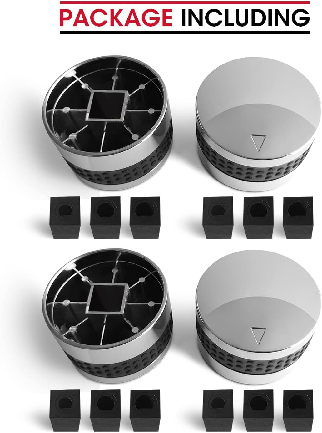 Grill Control Knob 4 Pack, Gas Burner Replacement, Chrome Plated Plastic with Nonslip Grip, Fits BBQ Gas Grills with D Shaped Valve Stem, Including 4 Knobs and 12 Adaptors