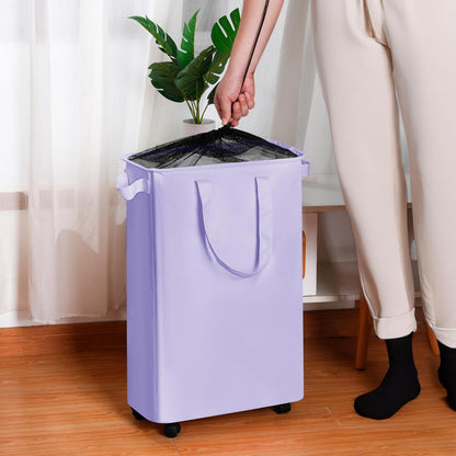 Slim Laundry Hamper with Wheels, Rolling Laundry Basket for Clothes, Small Laundry Basket for Bedroom, Dorm and Laundry Room, 60L (12.7 Gallons) Purple