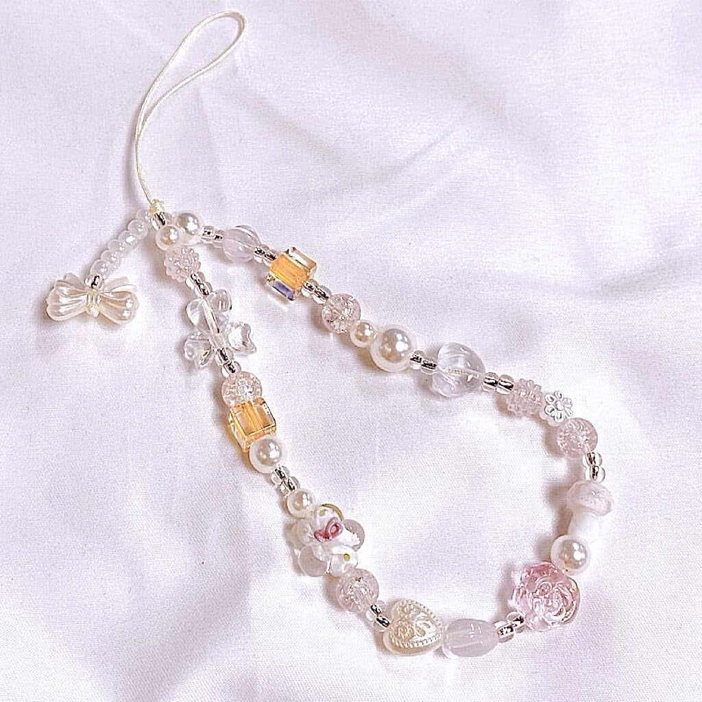 Beaded Camera Wrist Strap Cute Pearl Digital Camera Charm Lanyard, Phone Wristlet Charms, Beaded Camera Chain for Phone, Bag, Keychain Accessories (Bow&Flower)