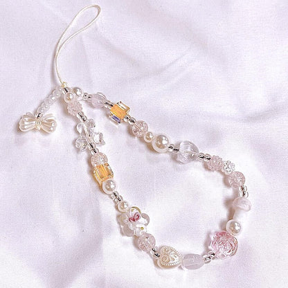 Beaded Camera Wrist Strap Cute Pearl Digital Camera Charm Lanyard, Phone Wristlet Charms, Beaded Camera Chain for Phone, Bag, Keychain Accessories (Bow&Flower)