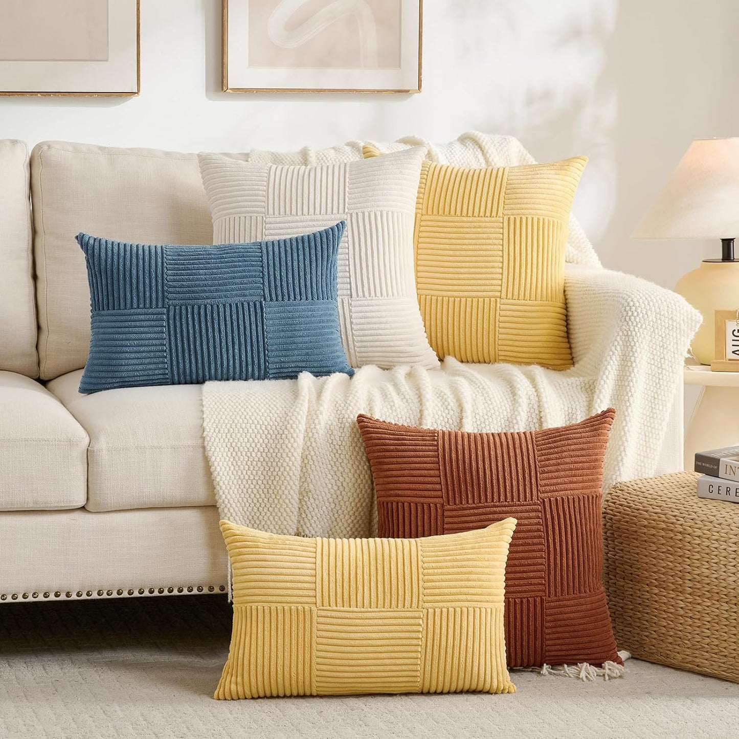 Set of 2 Dusty Blue Lumbar Boho Decorative Throw Pillow Covers 12X20 Inch for Living Room Bedroom Couch, Modern Farmhouse Home Decor, Soft Striped Patchwork Plaid Corduroy Cushion Case