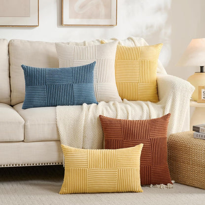 Set of 2 Dusty Blue Lumbar Boho Decorative Throw Pillow Covers 12X20 Inch for Living Room Bedroom Couch, Modern Farmhouse Home Decor, Soft Striped Patchwork Plaid Corduroy Cushion Case