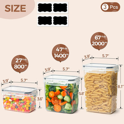 Food Storage Containers with Lids Set of 3 (2L/2.1Qt) (1.4L/1.5Qt) (0.8L/0.8Qt), Airtight Food Storage Container, Plastic Canister Sets for Kitchen, Pantry Organizer for Sugar, Cereal and Snack