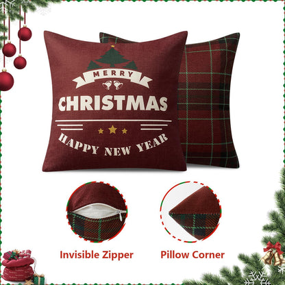 Christmas Tree Reindeer Wreath Pillow Covers Red and Green Plaid Throw Pillow Covers Set of 4 Winter Holiday Cushion Case Decoration Farmhouse Modern for Sofa Couch Home Decor,18X18 Inch