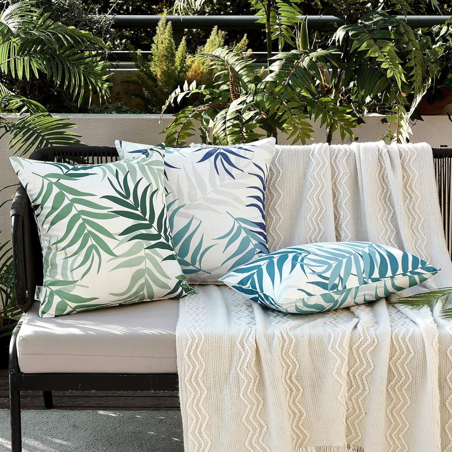 Pack of 2 Decorative Outdoor Waterproof Throw Pillow Covers Patio Pillow Cases Natural Leaves Pattern Spring Square Cushion Shams Shell for Garden Balcony Couch 20X20 Inch, Light Blue