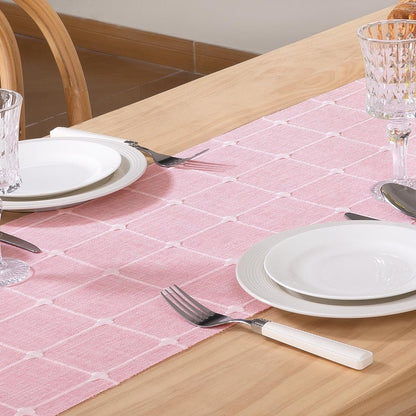 Farmhouse Table Runner 48 Inches Macrame Plaid Coffee Table Runner Cotton Rustic Fall Thanksgiving Table Runner with Tassels for Boho Home Decor Dining Living Room 13X48 Inches Pink