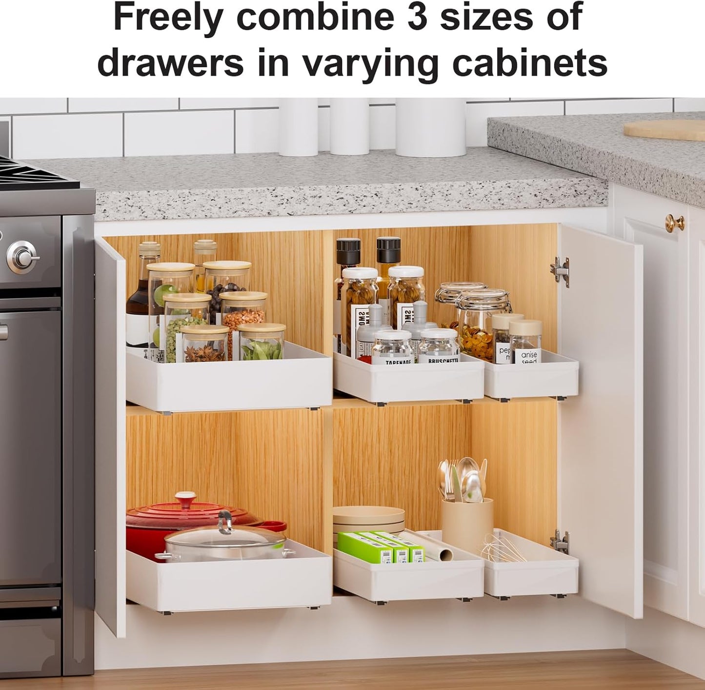 3 Pack Pull Out Cabinet Organizer, 15.7"Deep Pull Out Drawers for Cabinets, Slide Out Drawers for Kitchen Cabinets, Bathroom Cabinet Organizer, Pantry (White)