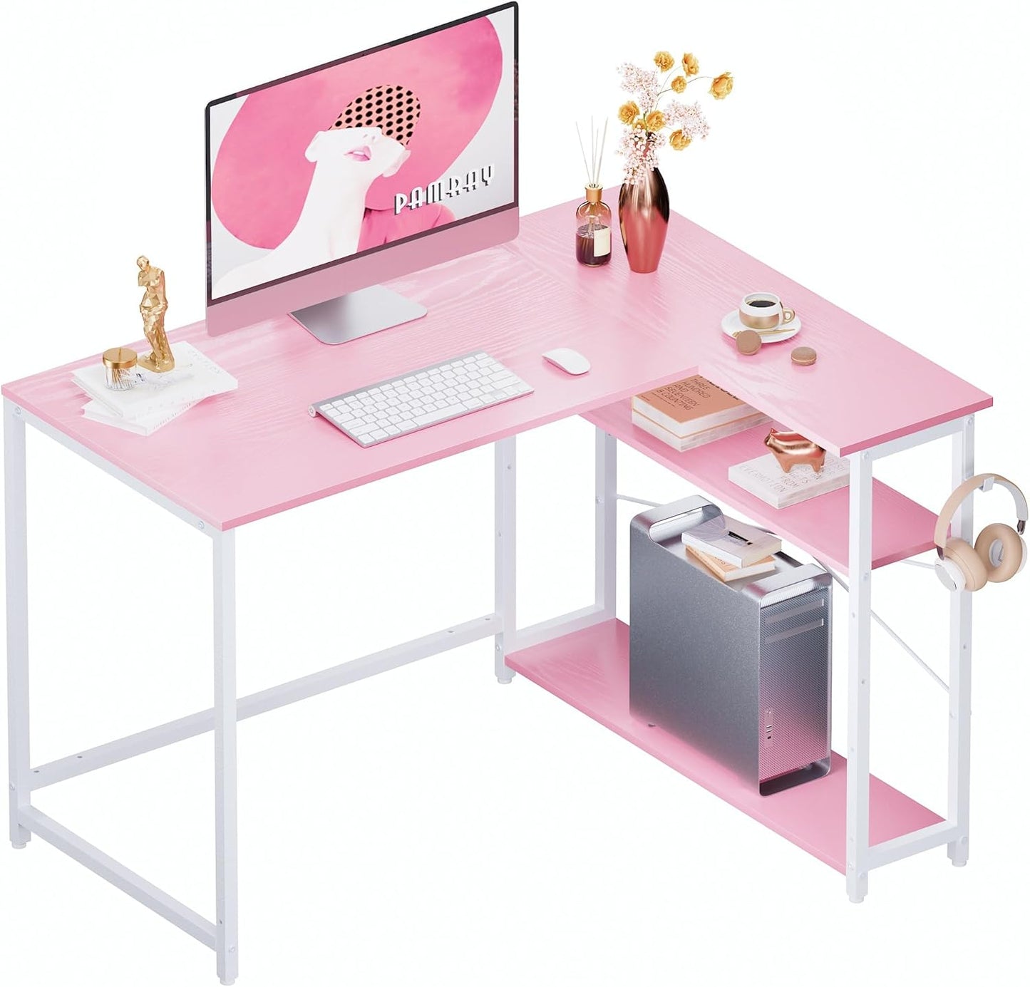 43 Inch L Shaped Computer Desk with Reversible Side Storage Shelves, Small Corner Desk for Small Space Home Office,Writing Study Table PC Desk for Bedroom,Pink with White Leg