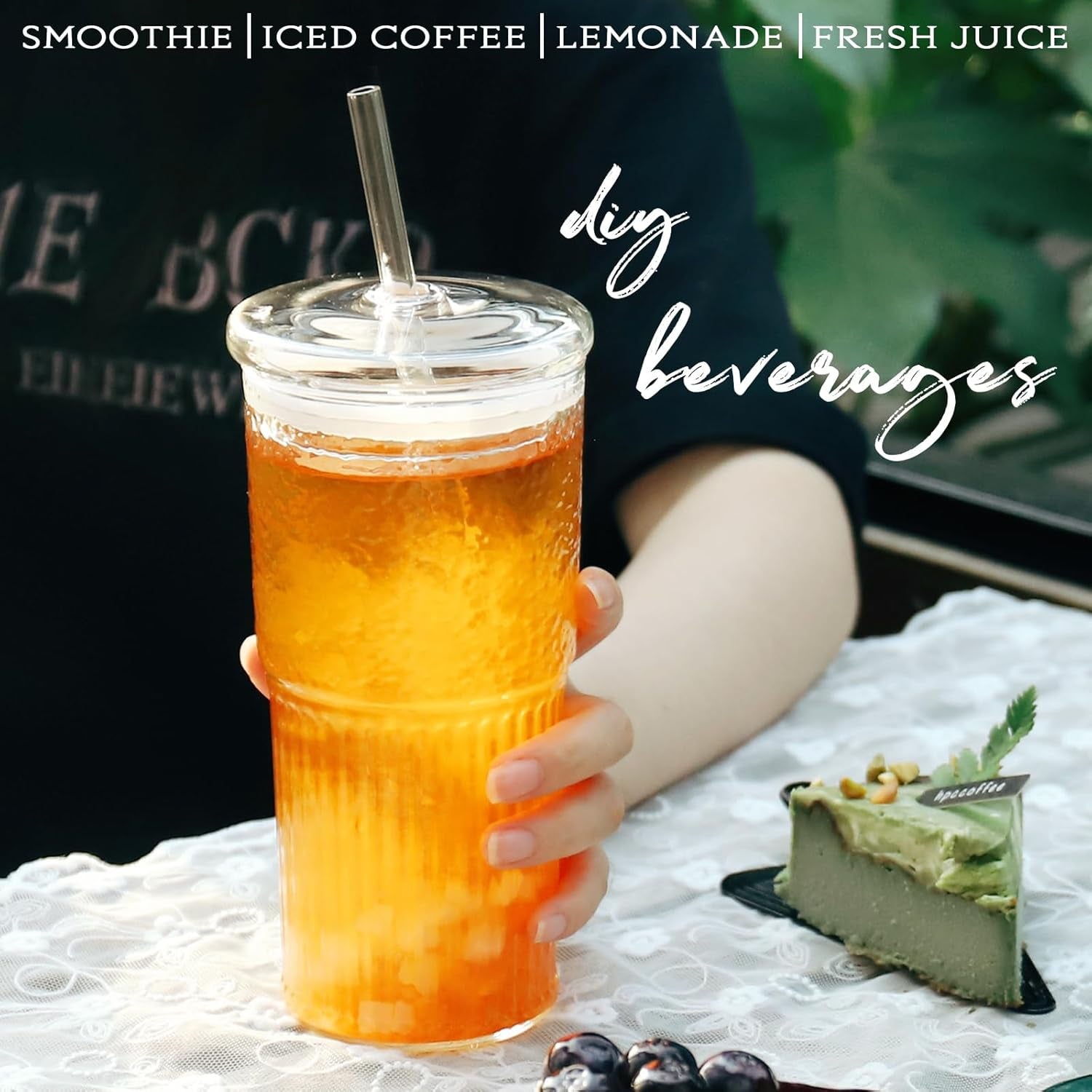 20Oz Glass Cups with Lids and Straws, 4 Pack High Borosilicate Iced Coffee Cups Drinking Glasses Tumbler for Smoothie, Water, Tea, Juice Drinks, Clear