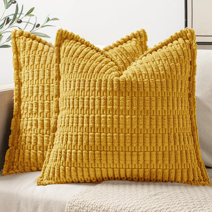 Mustard Yellow Corduroy Decorative Throw Pillow Covers Pack of 2 Soft Striped Pillows Pillowcases with Broad Edge Spring Winter Modern Boho Home Decor for Couch Sofa Bed 18X18 Inch