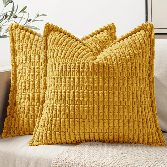 Mustard Yellow Corduroy Decorative Throw Pillow Covers Pack of 2 Soft Striped Pillows Pillowcases with Broad Edge Spring Winter Modern Boho Home Decor for Couch Sofa Bed 18X18 Inch