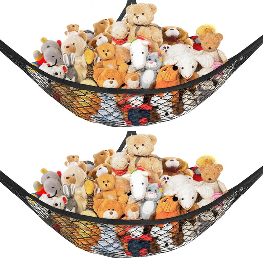 Stuffed Animal Net Hammock for Plushie Toys, Stuffed Animal Hammock Corner for Kids' Room Decor, Ideas for Organizing Stuffy Collection, 2 Pack, Black
