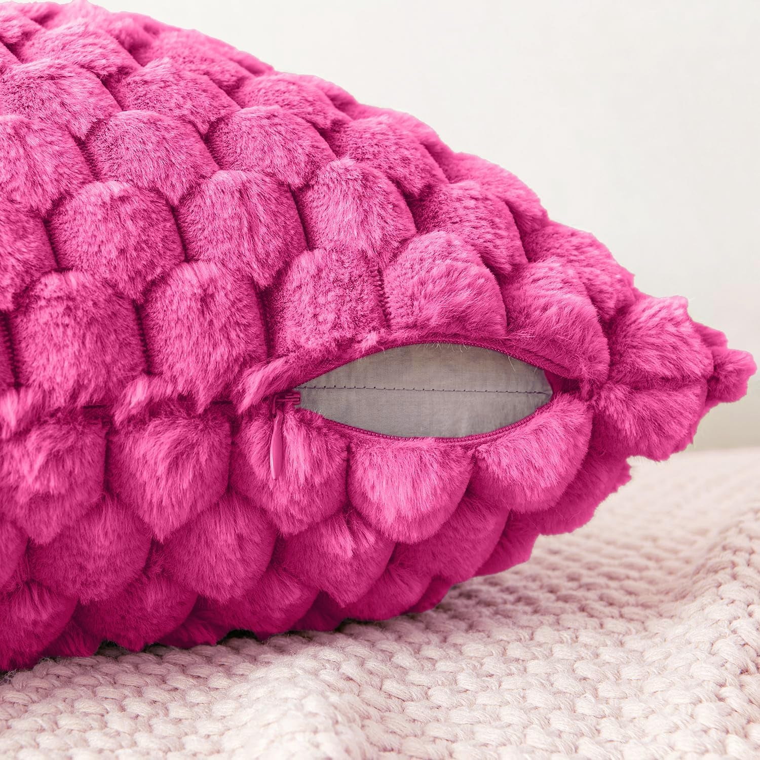 Hot Pink Faux Fur Decorative Throw Pillow Covers 18X18 Inch Set of 2 Super Soft Cozy Plush Cushion Cases Luxury Fluffy Pillowcases for Sofa Couch Bed Living Room