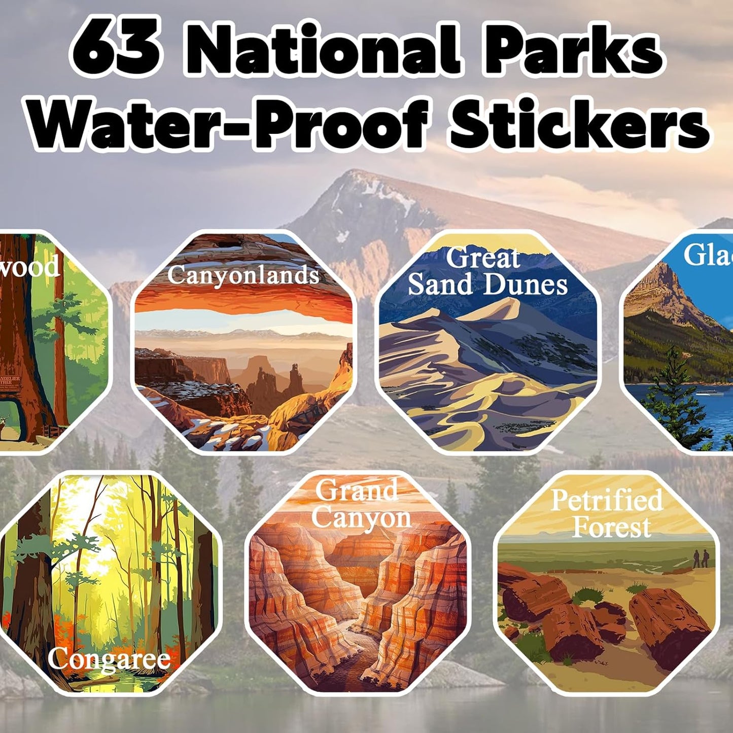 63 National Park Sticker Set,Outdoor Nature Adventure Hiking Inspiration Waterproof Stickers,Used for Water Bottles,Computers,Refrigerators,National Park Stickers of the USA