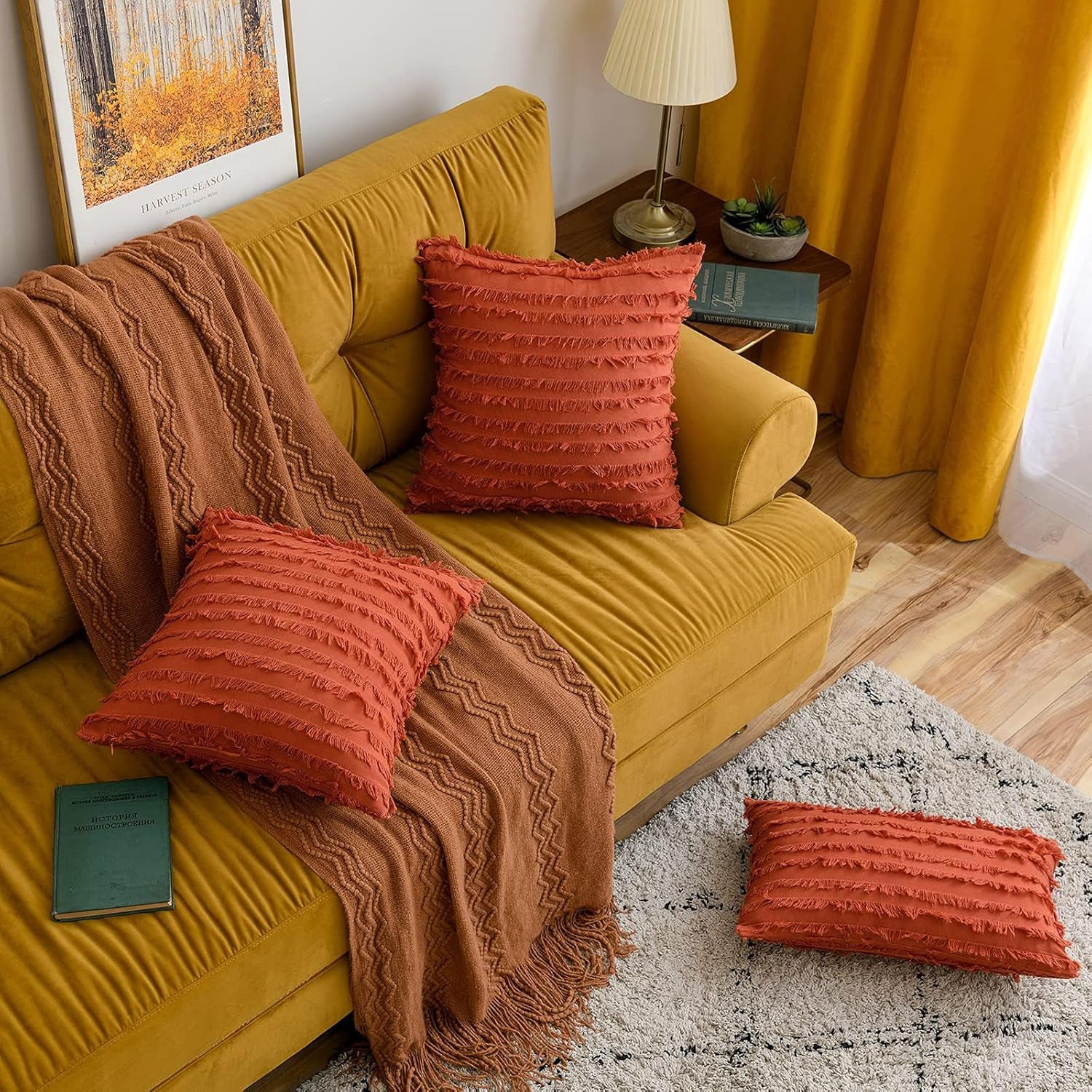 Set of 2 Fall Decorative Boho Throw Pillow Covers Linen Striped Jacquard Pattern Cushion Covers for Sofa Couch Living Room Bedroom 18X18 Inch Burnt Orange