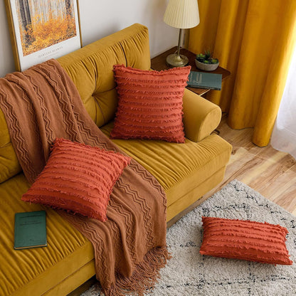 Set of 2 Fall Decorative Boho Throw Pillow Covers Linen Striped Jacquard Pattern Cushion Covers for Sofa Couch Living Room Bedroom 18X18 Inch Burnt Orange