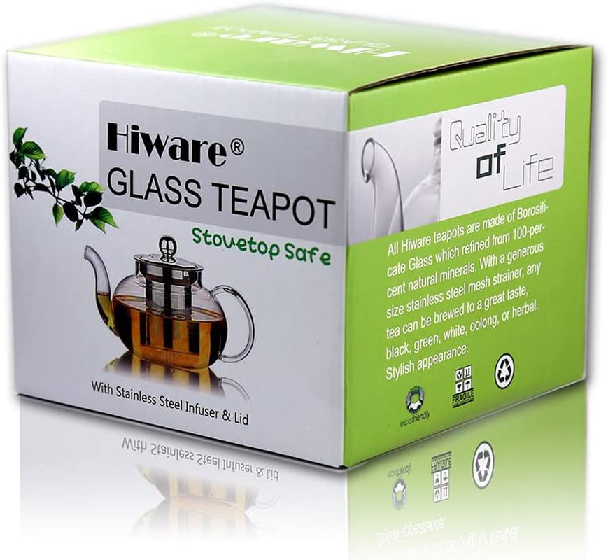 Glass Teapot with Stainless Steel Infuser & Lid, Borosilicate Glass Tea Pot Stovetop Safe, Blooming & Loose Leaf Teapots, 27 Oz