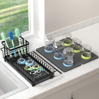 Expandable Small Dish Drying Rack with Diatomite Mat and Utensil Holder for Kitchen Sink, 5.4”W x 12.1”-18.9”L