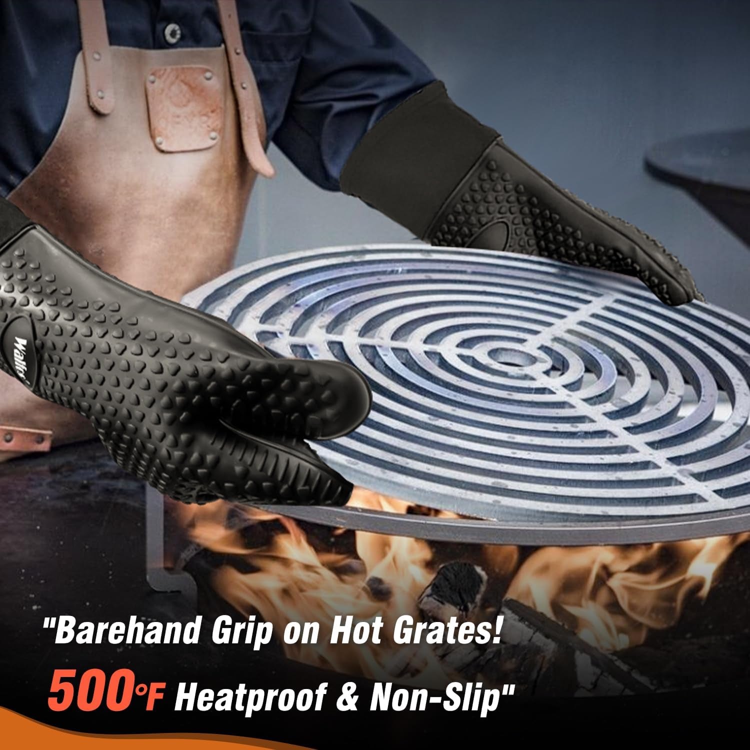 Silicone BBQ Gloves - Heat Resistant Grilling Gloves, Premium Non-Slip Kitchen Silicone Oven Mitt with Protective Cotton Layer Inside, Waterproof, Great for Grilling, Kitchen and Cooking, Black