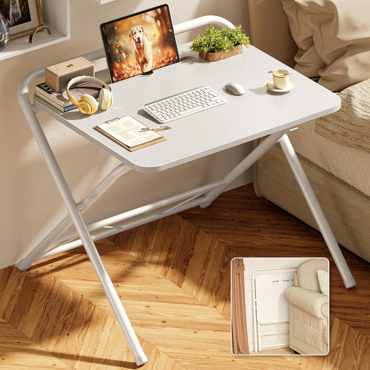 Folding Desk with Adjustable Height and Tablet Slot, 24-Inch Space-Saving Computer Desk for Home Office, Bedroom, and Study, White