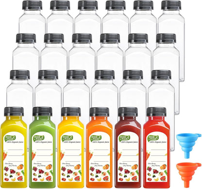 12 Pack, 12 OZ Reusable Plastic Juice Bottles with Caps, plus 12 Labels & 2 Silicone Funnels - Clear Juicing Bottles for Juice, Smoothies, Ginger, Tea, Coffee - Food Grade & Leakproof Travel Bottles