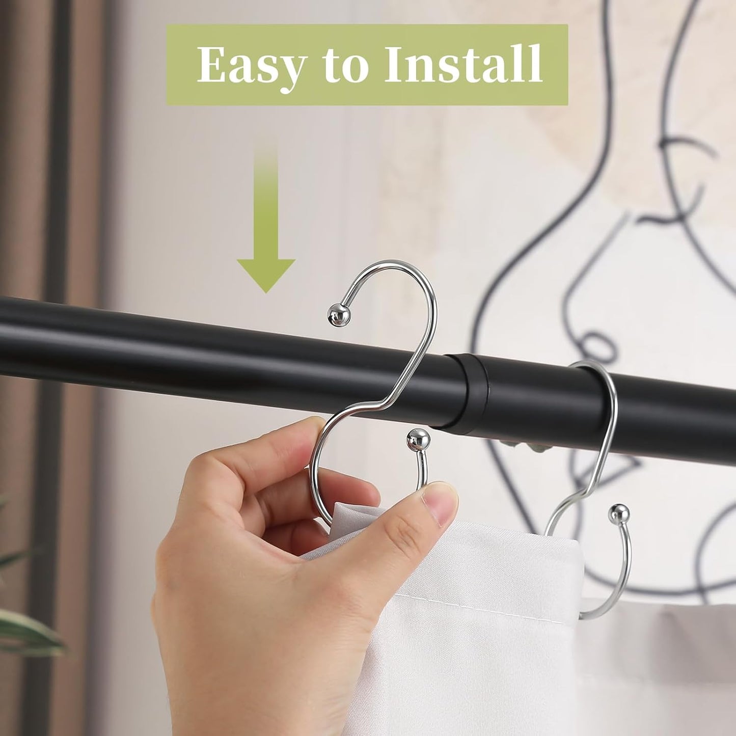 24 Pack Shower Curtain Hooks, Anti-Fall S-Shaped Shower Curtain Ring, Decorative Silver Shower Curtain Hooks Rings Rust Proof Shower Rings for Curtain, Shower Hooks for Shower Curtain, Chrome