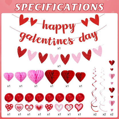 Galentines Day Decorations for Party, Happy Galentine’S Day Heart Banner Garland, Galentines Day Party Supplies with Hanging Streamers Heart Honeycombs Swirls for Girls Ladies Celebration