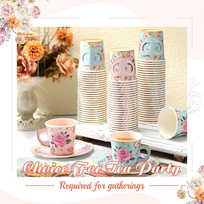 60 Sets of Floral Disposable Tea Party Decorations - Paper Tea Cups with Handles and Plates for Hot and Cold Beverages, Ideal for Birthdays (Pink and Blue, 6.5 Oz)