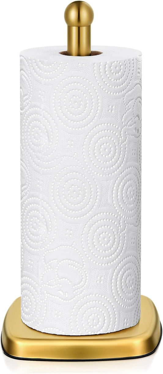 Paper Towel Holder for Countertop, Standing Kitchen Roll Holder with Suction Cups, Non-Slip Paper Towel Stand, Stainless Steel, Weighted Base, for Kitchen Bathroom, Square Base (Gold)