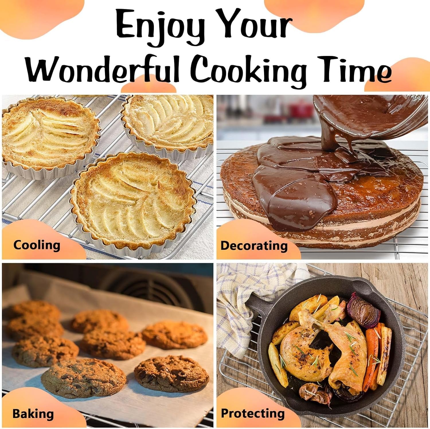 Baking Cooling Rack Set for Cooking Roasting, 4-Piece Stainless Steel Wire Racks for Oven Use, Healthy & Dishwasher Safe, Rectangle, 8.6 + 9.7+ 11.6 + 15.3 Inch