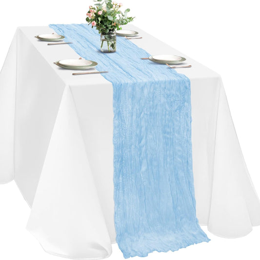 Light Blue Cheesecloth Table Runner, 120 Inch 10Ft Boho Rustic Gauze Cheese Cloth Runner for Wedding Bridal Shower Baby Shower Birthday Party Easter Table Decorations