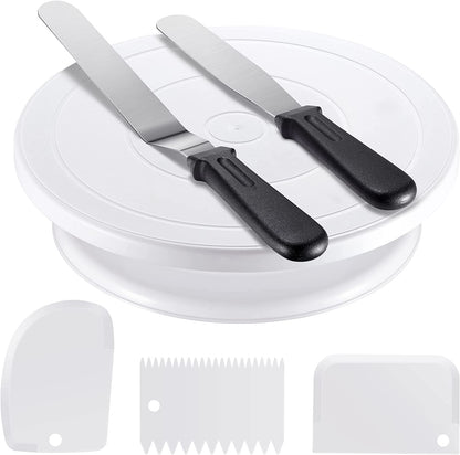 Cake Decorating Kit Baking Supplies Cake Turntable with 2 Frosting Straight Angled Spatula 3 Icing Smoother Scrapers Baking Accessories Tools for Beginners and Pros, White