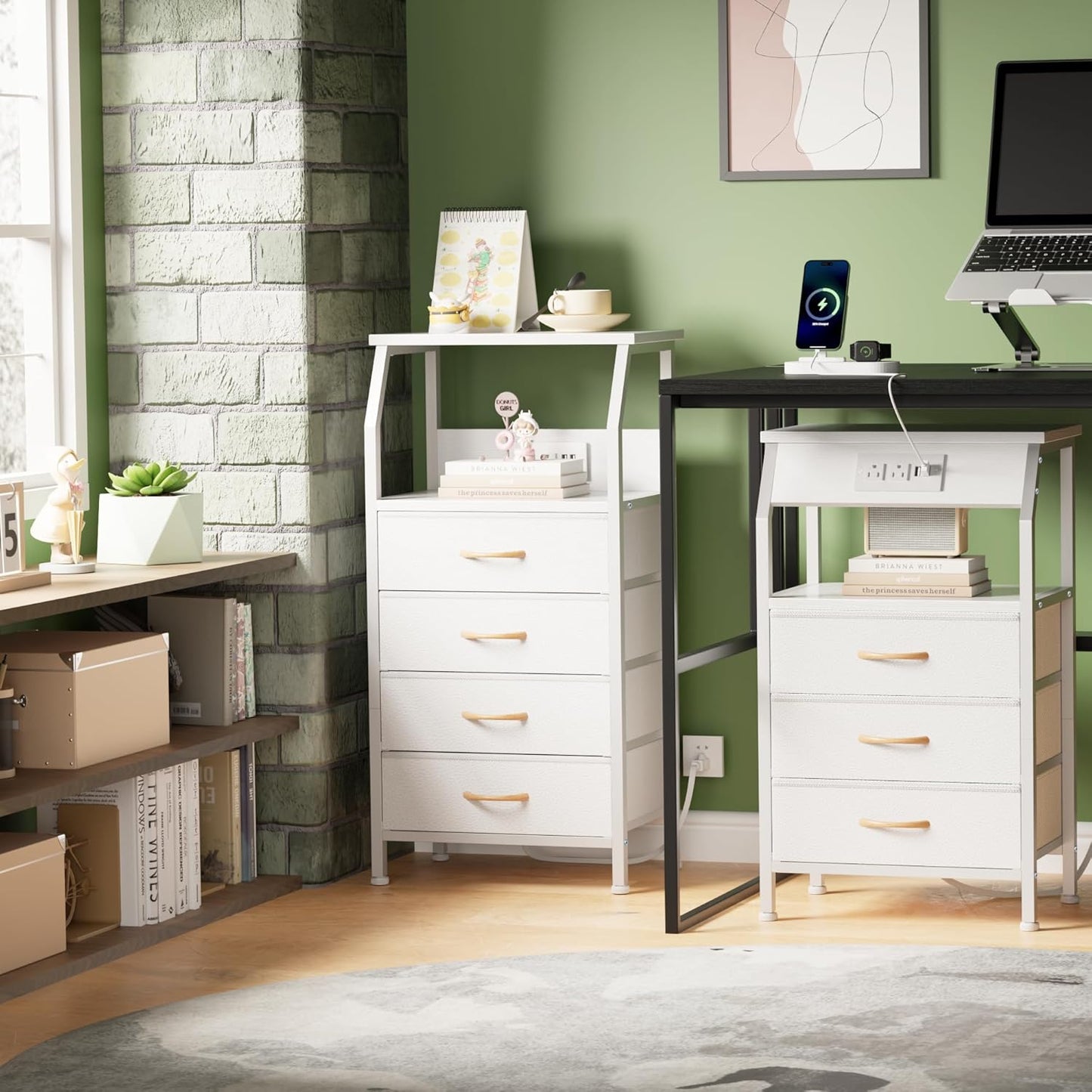 Elegant Nightstand with Integrated Charging Station, Versatile Dresser Featuring PVC and Fabric Drawers, 33.3-Inch Side Table with Open Shelf, Ideal for Bedroom, Closet, and Entryway Use, White Finish