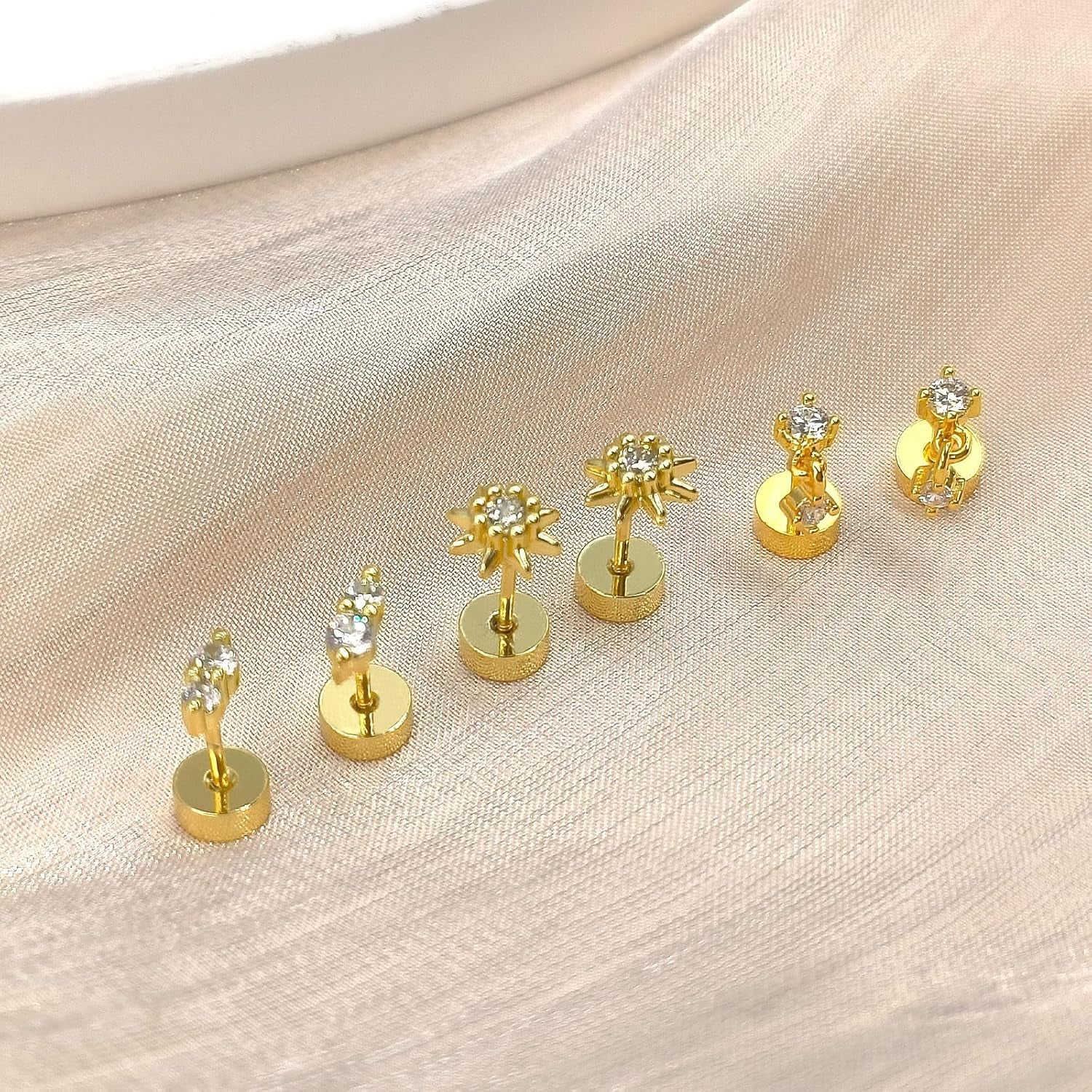 Mother'S Day Flat Back Stud Earrings for Women, 14K Gold Plated Screw Back Earrings, Two Tiny CZ Stud Flat Back Earrings, Hypoallergenic Stud Earrings for Helix Cartilage Piercing Jewelry (Style 1)