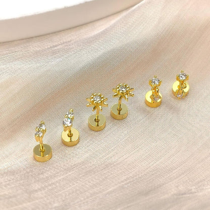 Mother'S Day Flat Back Stud Earrings for Women, 14K Gold Plated Screw Back Earrings, Two Tiny CZ Stud Flat Back Earrings, Hypoallergenic Stud Earrings for Helix Cartilage Piercing Jewelry (Style 1)