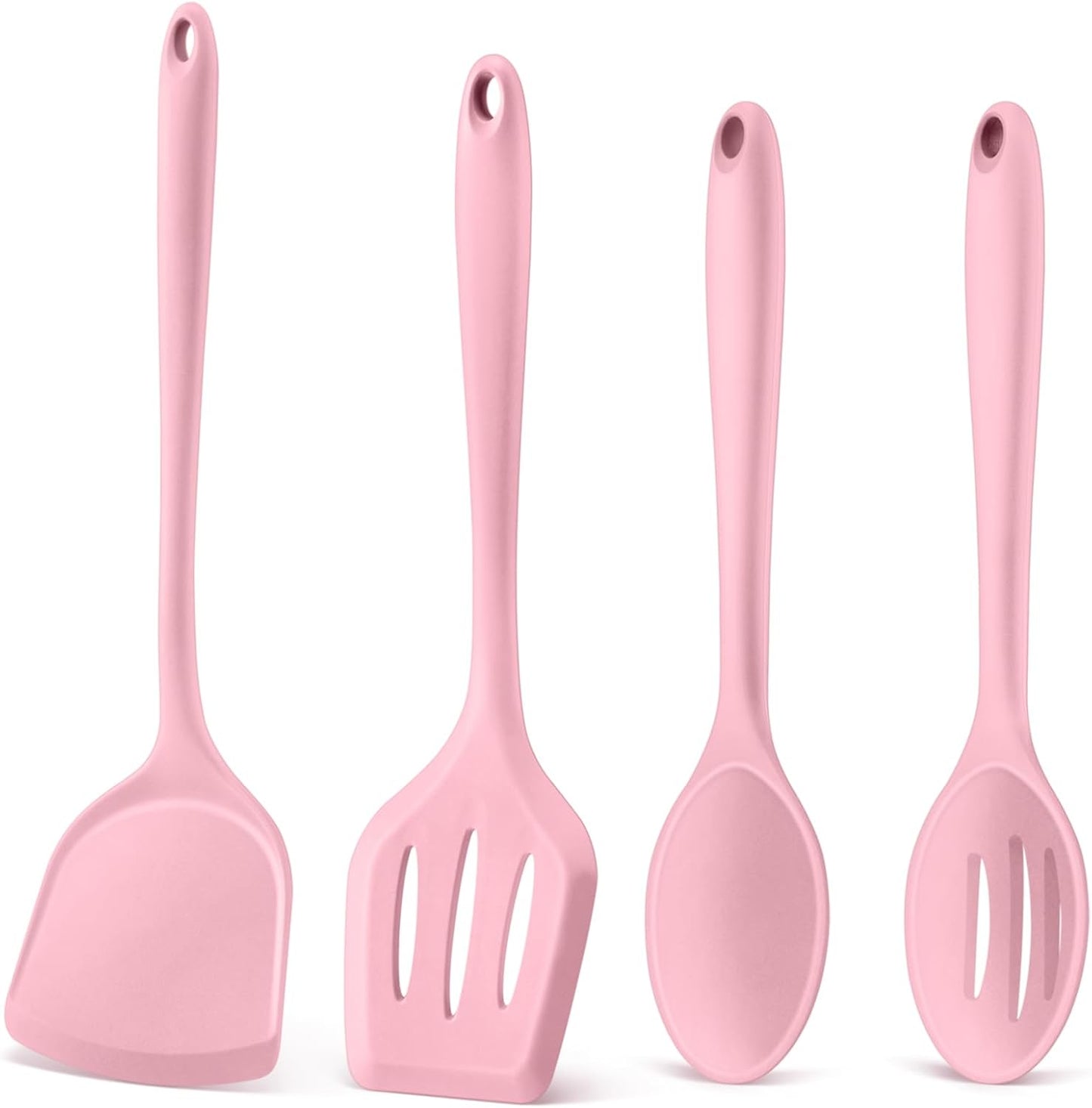 Kitchen Utensil Set, 4 Pieces Non-Stick Silicone Cooking Utensils, Heat-Resistant Slotted Solid Spoon Turner for Frying, Mixing, Serving, Non-Toxic & Easy to Clean, Pink