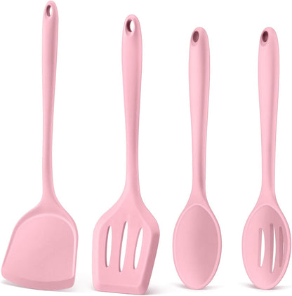 Kitchen Utensil Set, 4 Pieces Non-Stick Silicone Cooking Utensils, Heat-Resistant Slotted Solid Spoon Turner for Frying, Mixing, Serving, Non-Toxic & Easy to Clean, Pink