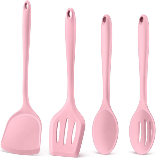 Kitchen Utensil Set, 4 Pieces Non-Stick Silicone Cooking Utensils, Heat-Resistant Slotted Solid Spoon Turner for Frying, Mixing, Serving, Non-Toxic & Easy to Clean, Pink